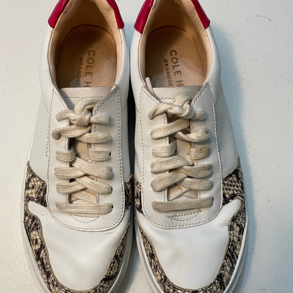Cole Haan Women's White and Brown Sneakers with Pink Accent 7.5B SB-BK (Nov)
